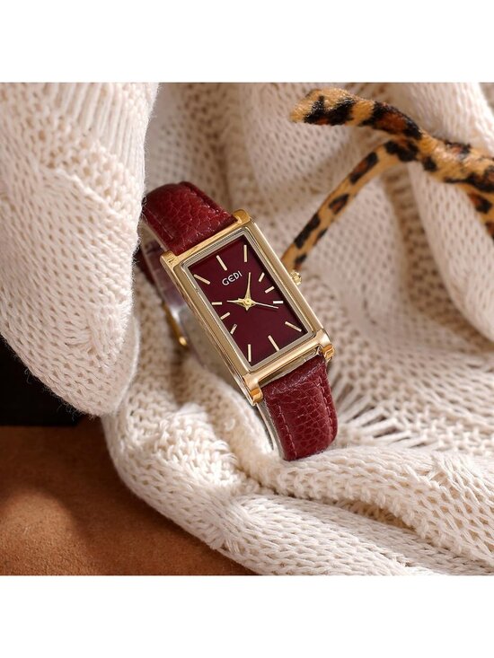 Stylish Vintage Rectangle Women\'s Quartz Watch with Leather Strap & Slim Bangle main image 4